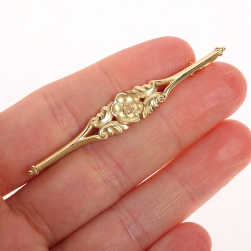 1177 - GEORG JENSEN - a Danish modernist 14ct gold flowerhead openwork bar brooch, model no. 183, 59.4mm, 4... 