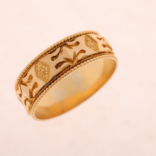 1179 - An Antique Victorian 18ct gold keeper band ring, no maker, Birmingham 1891, with relief and chased d... 