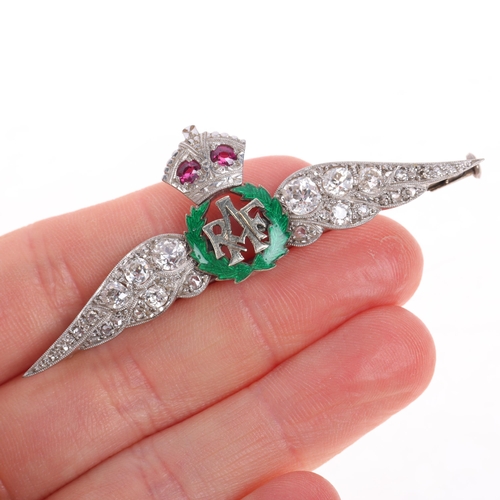 1184 - A large 18ct white gold ruby diamond and enamel RAF wings sweetheart brooch, circa 1930, set with ol... 