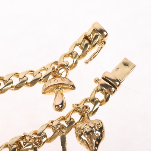 1187 - A French 18ct gold solid flat curb link charm bracelet, with 14 x 18ct gold charms, 18.5cm, 37.8g gr... 