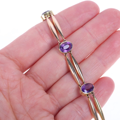 1192 - An Antique Edwardian 15ct rose gold amethyst bracelet, rub-over set with oval mixed-cut amethysts wi... 