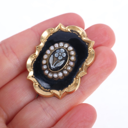 1205 - An Antique Victorian 9ct gold sardonyx and black enamel 'Forget-Me-Not' mourning brooch, circa 1860,... 