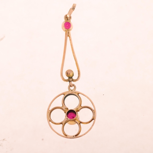 1213 - An Antique Edwardian 9ct rose gold ruby and pearl openwork pendant, 47.6mm, 1.5g