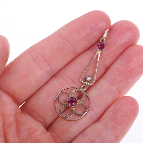 1213 - An Antique Edwardian 9ct rose gold ruby and pearl openwork pendant, 47.6mm, 1.5g