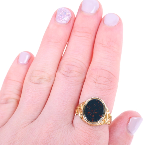 1214 - An Antique 19th century 18ct gold bloodstone signet ring, maker V&S, Birmingham 1858, set with oval ... 