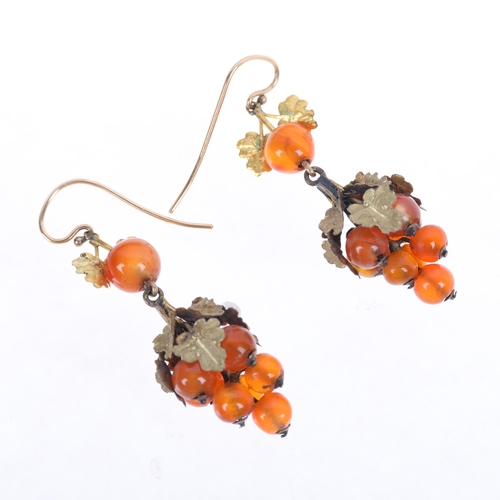 1215 - A pair of Antique Victorian carnelian bead 'Grape' drop earrings, with 18ct gold chased grapevine le... 