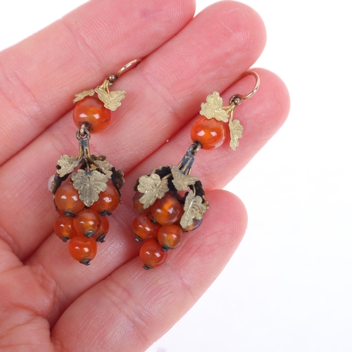 1215 - A pair of Antique Victorian carnelian bead 'Grape' drop earrings, with 18ct gold chased grapevine le... 