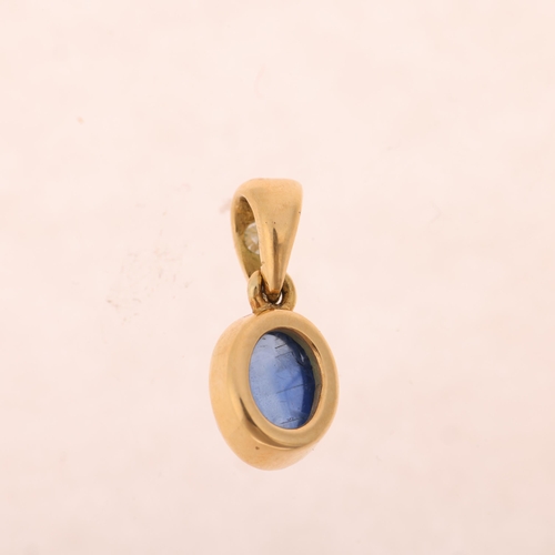 1218 - An 18ct gold sapphire and diamond drop pendant, rub-over set with oval cabochon sapphire and modern ... 