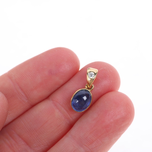 1218 - An 18ct gold sapphire and diamond drop pendant, rub-over set with oval cabochon sapphire and modern ... 