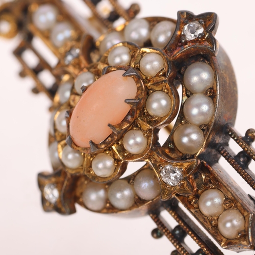 1222 - An Antique Victorian Etruscan Revival 18ct gold coral pearl and diamond openwork brooch, circa 1880,... 