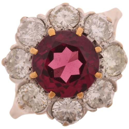 1225 - An 18ct white gold pyrope garnet and diamond flowerhead cluster ring, claw set with 2ct round-cut ga... 