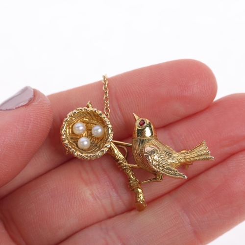 1226 - A 9ct gold pearl and garnet 'Bird and Nest' brooch, maker BJ Ltd, London 1969, realistically modelle... 