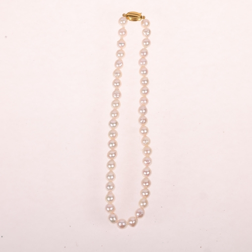 1228 - A Vintage single-strand cultured pearl bead necklace, with 9ct gold clasp, 8mm pearls, 34cm, 33.5g