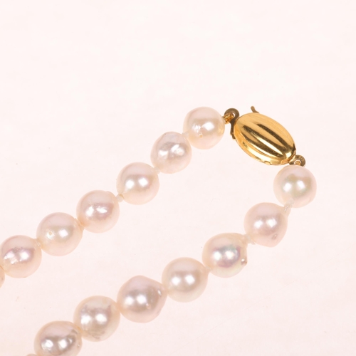 1228 - A Vintage single-strand cultured pearl bead necklace, with 9ct gold clasp, 8mm pearls, 34cm, 33.5g