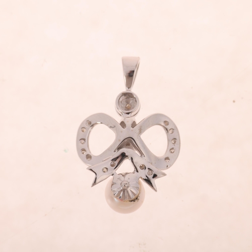 1231 - An 18ct white gold whole pearl and diamond ribbon bow pendant, set with modern round brilliant-cut d... 