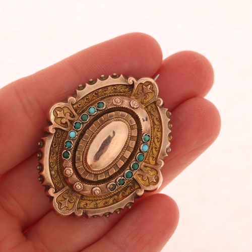 1234 - An Antique Victorian Etruscan Revival 9ct rose gold turquoise bombe mourning brooch, circa 1880, ova... 