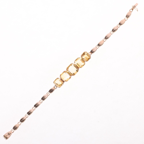 1242 - A Continental five stone citrine bracelet, set with graduated octagonal step-cut citrines, unmarked ... 