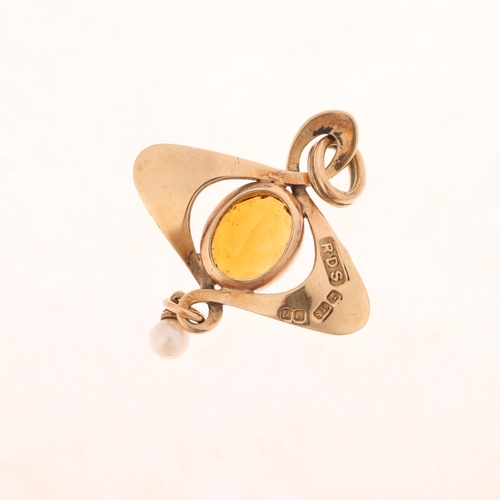 1243 - An Art Nouveau style 9ct gold citrine and pearl openwork pendant, maker RDS, London 1988, rub-over s... 