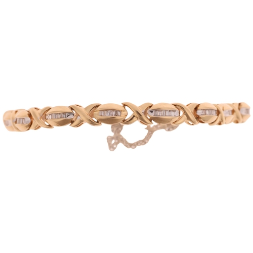 1247 - A modern 14ct gold diamond XO link tennis line bracelet, set with baguette-cut diamonds, unmarked mo... 