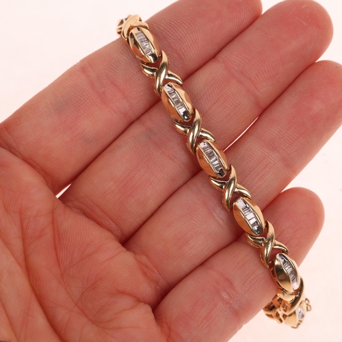 1247 - A modern 14ct gold diamond XO link tennis line bracelet, set with baguette-cut diamonds, unmarked mo... 