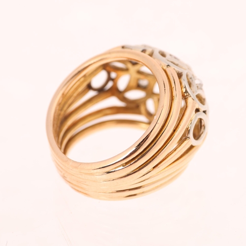 1250 - A French 18ct gold diamond bombe openwork ring, set with modern round brilliant and rose-cut diamond... 