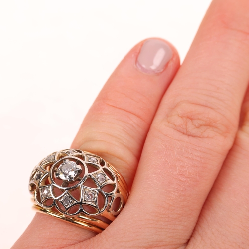 1250 - A French 18ct gold diamond bombe openwork ring, set with modern round brilliant and rose-cut diamond... 