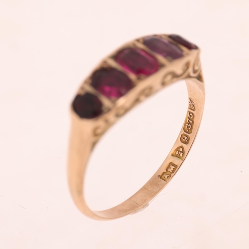 1253 - An Antique 9ct gold five stone ruby half hoop ring, maker AM, Chester 1908, set with graduated oval ... 