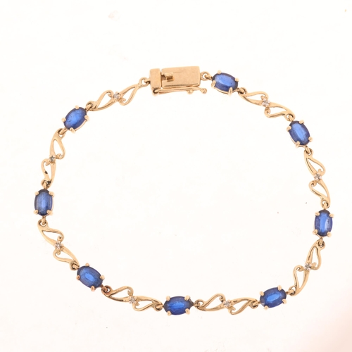 1259 - A 9ct gold sapphire and diamond tennis line bracelet, band width 4.6mm, 18cm, 5.4g