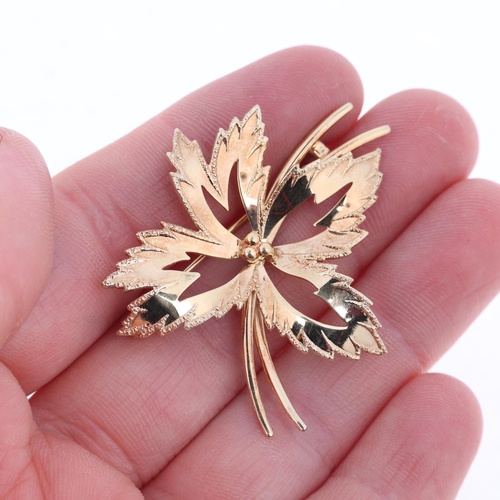 1261 - A 9ct gold stylised leaf brooch, maker E Ltd, import London 1972, 42.7mm, 5.3g