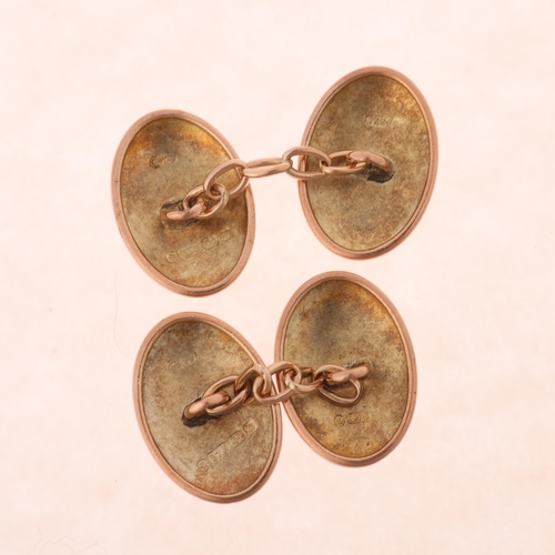 1266 - A pair of Antique 9ct rose gold oval bombe cufflinks, maker C&A, indistinct Birmingham date letter, ... 