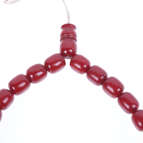 1273 - A Vintage cherry amber barrel bead prayer necklace, beads 19.5mm, 40cm, 109.6g