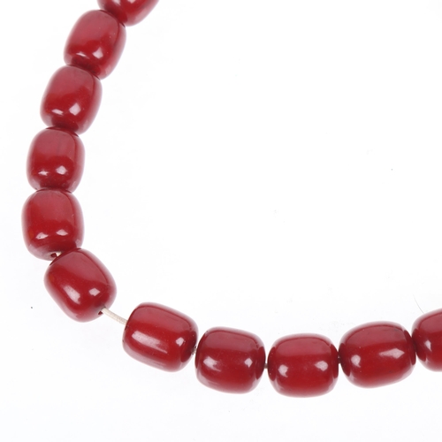 1273 - A Vintage cherry amber barrel bead prayer necklace, beads 19.5mm, 40cm, 109.6g