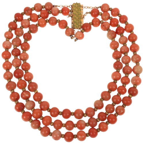 1278 - An Antique triple-strand quartzite bead necklace, with gilt-metal cannetille clasp, bead diameter 11... 