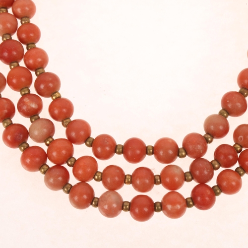 1278 - An Antique triple-strand quartzite bead necklace, with gilt-metal cannetille clasp, bead diameter 11... 