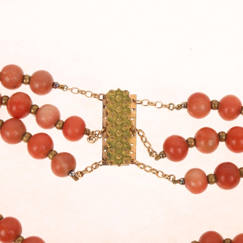 1278 - An Antique triple-strand quartzite bead necklace, with gilt-metal cannetille clasp, bead diameter 11... 