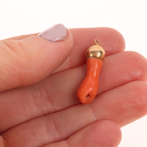 1279 - An Antique Italian coral Figa fist amulet pendant, modelled as a clenched fist, unmarked mount tests... 