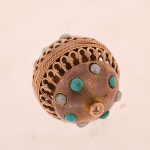 1280 - An Antique 9ct gold turquoise and pearl miniature cage pendant/charm, with hinged compartment, unmar... 