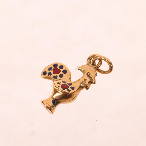 1283 - A Portuguese 800 gold (14ct) rooster charm/pendant, with enamel heart decoration, 15.6mm, 0.7g