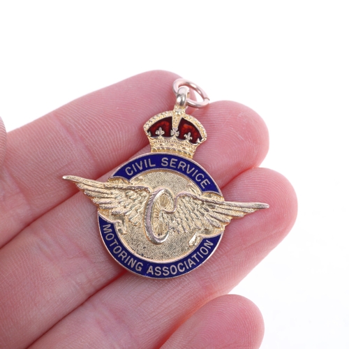 1292 - An Antique 9ct rose gold enamel 'Civil Service Motoring Association' medal, maker DCC, Birmingham 19... 