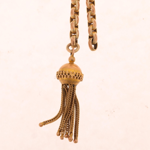 1295 - An Antique 9ct gold faceted belcher link short fob chain, with gold tassel and T-bar, 11cm, 6.9g