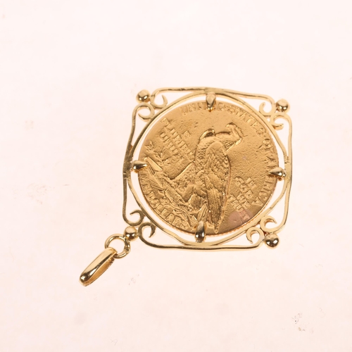 1317 - A United States of America 1911 gold five dollars coin, in French 18ct gold pendant mount, 42.2mm, 1... 