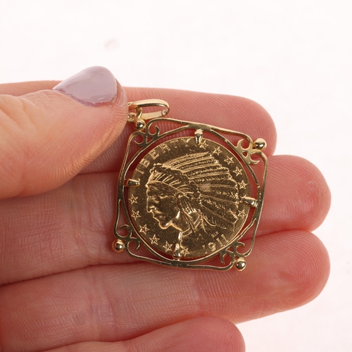 1317 - A United States of America 1911 gold five dollars coin, in French 18ct gold pendant mount, 42.2mm, 1... 