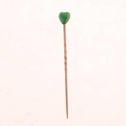 1320 - CHILD & CHILD - an Arts and Crafts gold and green enamel heart stickpin, signed to reverse, head 5.5... 