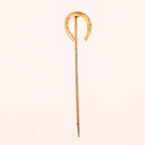 1323 - An Antique 9ct gold lucky horseshoe stickpin, maker JPH, head 13.2mm, overall 52.2mm, 0.6g