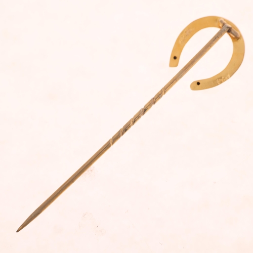 1323 - An Antique 9ct gold lucky horseshoe stickpin, maker JPH, head 13.2mm, overall 52.2mm, 0.6g