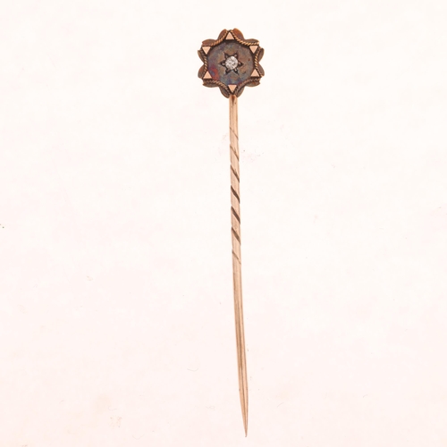 1324 - An Antique Victorian 15ct gold diamond stickpin, head 8.7mm, overall 50mm, 1g