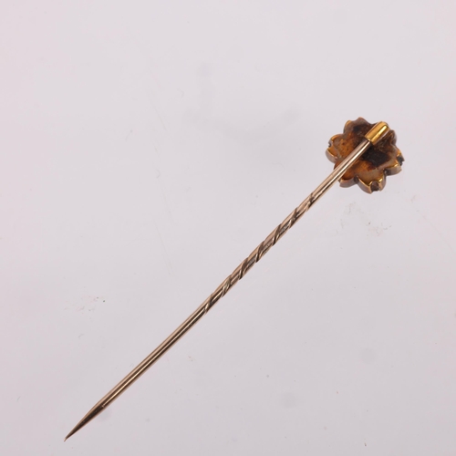 1324 - An Antique Victorian 15ct gold diamond stickpin, head 8.7mm, overall 50mm, 1g