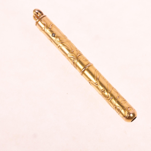 1325 - An Antique gold diamond 'Mistletoe' propelling toothpick, casing tests as 18ct gold, 53.8mm, 6.9g gr... 