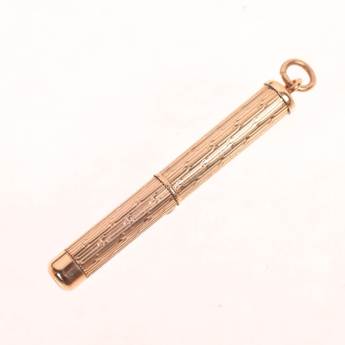 1326 - A 9ct rose gold propelling toothpick, maker SJR, Birmingham 1977, engine turned decoration, 49.6mm, ... 