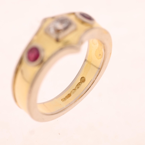 1340 - An 18ct two-colour gold three stone ruby and diamond ring, maker DOM, set with round-cut rubies and ... 